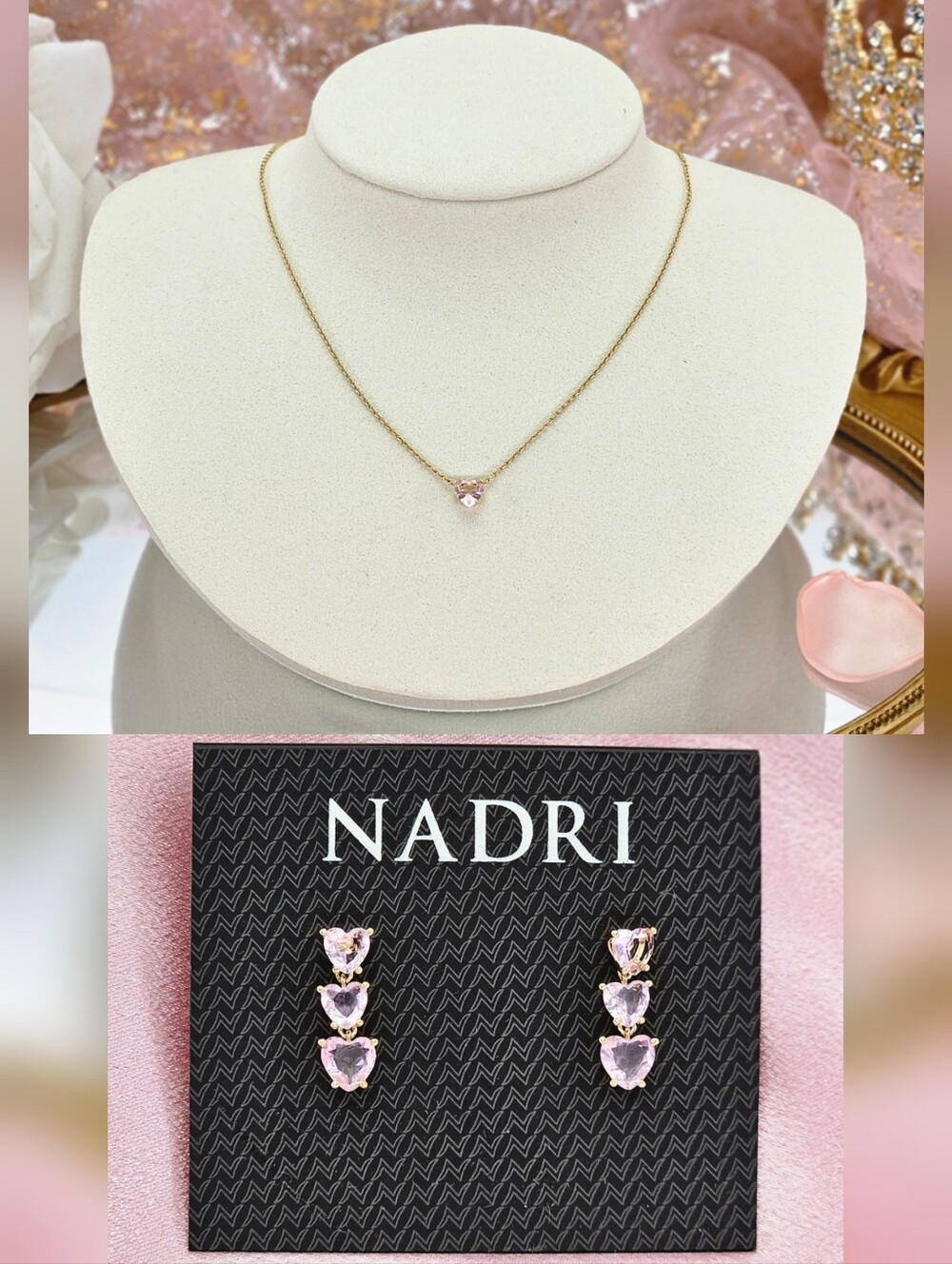 BUNDLE Nadri Pink Heart Linear Earrings & Pendant Necklace Gold Plated Gift Love